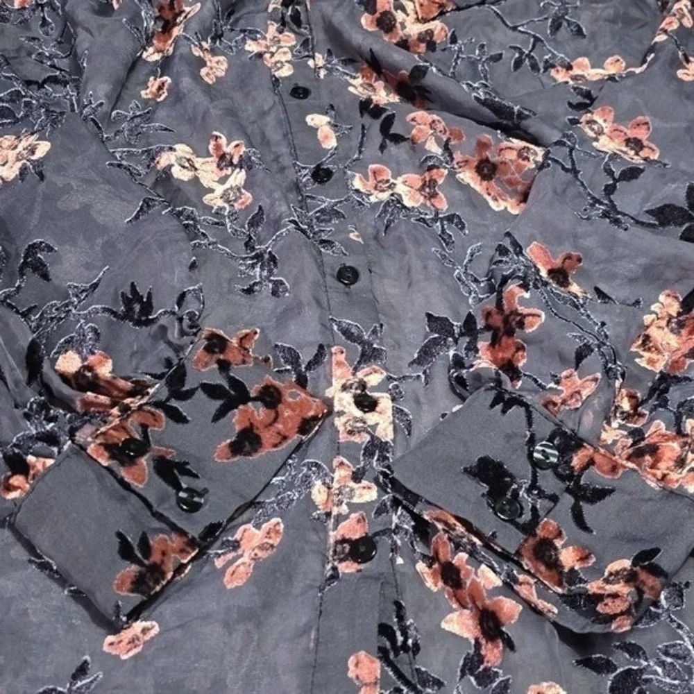 Modcloth Floral Burnout Velvet Sheer Button Up Blouse Grey Navy Pink 4X‎ - Picture 5 of 9
